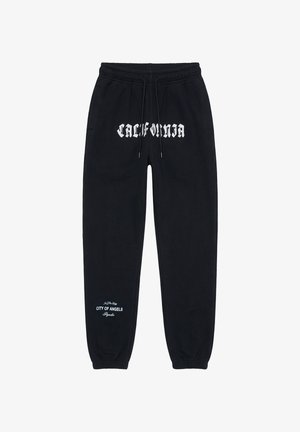 Schwarze Jogginghose mit Kordelzugbund. Mit weißem Text "CALIFORNIA" und "CITY OF ANGELS". Elastische Bündchen an den Knöcheln. Weiche Stoffstruktur.