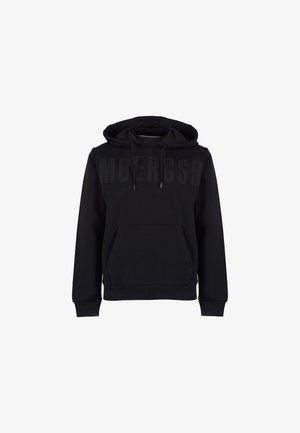 Felpa nera con cappuccio realizzata in tessuto morbido, dotata di tasca anteriore a marsupio, cappuccio con cordino e logo in rilievo sul petto. Polsini e orlo a costine.