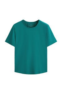 Teal színű, rövid ujjú póló sima, könnyű anyagból. Kerek nyakkivágással és laza szabással rendelkezik, egyenes szegéllyel.