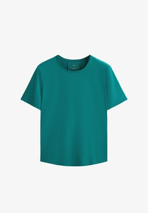 Maglietta a maniche corte di colore turchese, realizzata in tessuto leggero e morbido. Presenta un collo rotondo e una vestibilità comoda con orlo dritto.