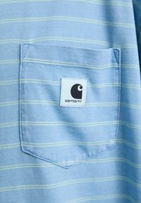 Lyseblå skjorte med horisontale grønne striber, en brystlomme og et sort-hvidt Carhartt-logo. 100% bomuldsstof, afslappet design.