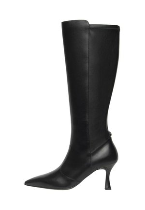 Bottes noires en cuir, montantes jusqu'au genou, à bout pointu, avec un talon fin et un design minimaliste, ornées d'un détail à l'arrière près du talon.