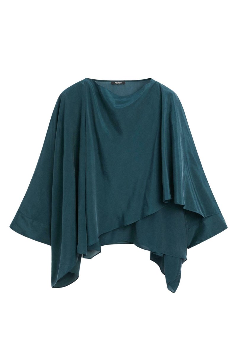 Tealfarbenes, drapiertes Poncho-Top aus einem weichen, glatten Stoff. Mit asymmetrischem Saum und weiten Ärmeln, die eine fließende Silhouette bieten.