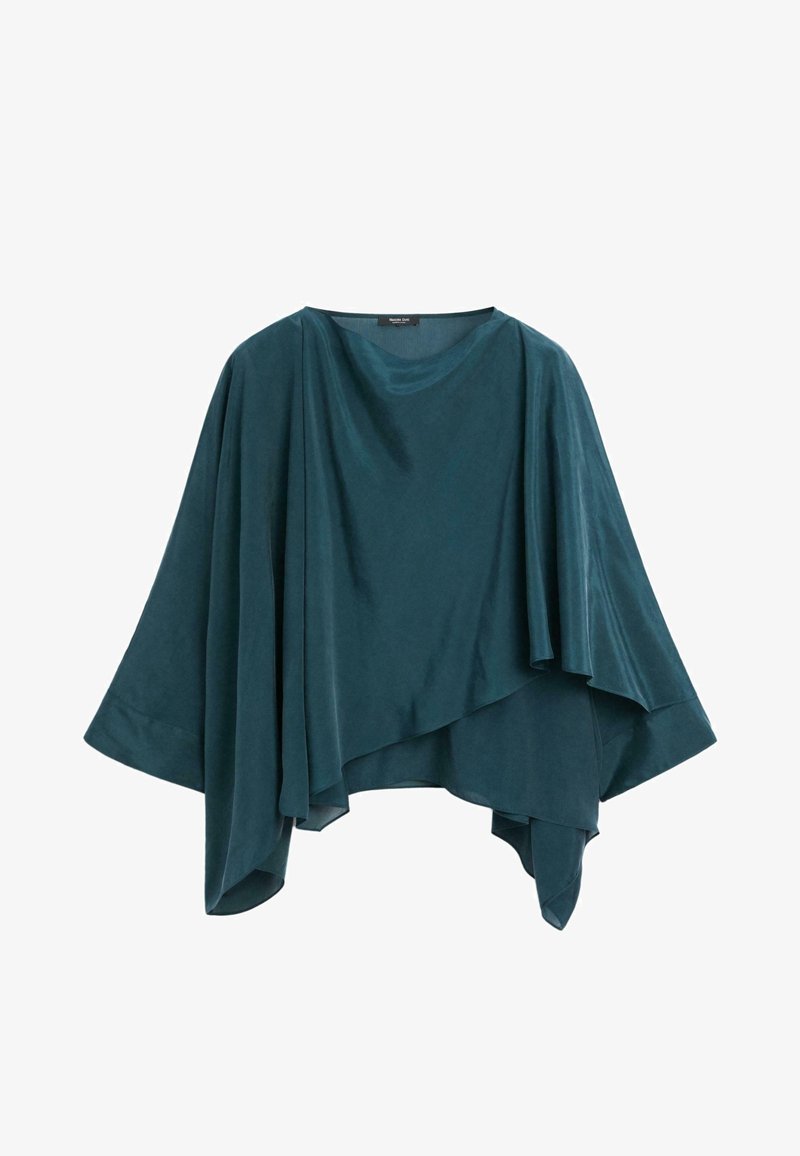 Tealfarbenes, drapiertes Poncho-Top aus einem weichen, glatten Stoff. Mit asymmetrischem Saum und weiten Ärmeln, die eine fließende Silhouette bieten.