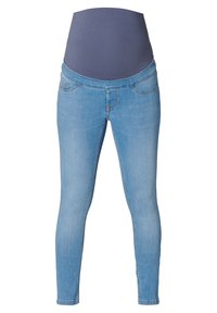 Gravidjeans i ljusblå denim med ett sträckbart midjeband i marinblått. Funktioner inkluderar fickor och en slim fit-passform.