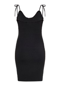 Musta ribbed bodycon -mekko, jossa on säädettävät hihnat, syvä pääntie ja tiukka siluetti. Sileä pinta, polvenpituinen leikkaus.