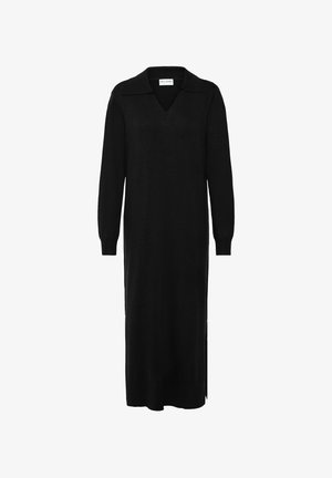 Schwarzes langärmliges Kleid aus Strickstoff mit V-Ausschnitt, spitzem Kragen, seitlichen Schlitzen und gerader Silhouette.