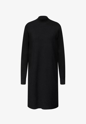 Czarna sukienka z długim rękawem i wysokim dekoltem. Wykonana z miękkiego, teksturowanego materiału, charakteryzuje się luźnym krojem i długością do połowy uda.