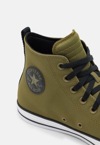 Zelené plátěné vysoké tenisky s černými akcenty, kovovými oky a kulatou nášivkou loga na boku. Bílé gumové podrážky s černými pruhy.