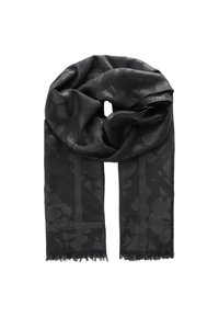 Black scarf with a subtle floral pattern; made from soft fabric featuring a delicate texture and fringed edges for added detail.