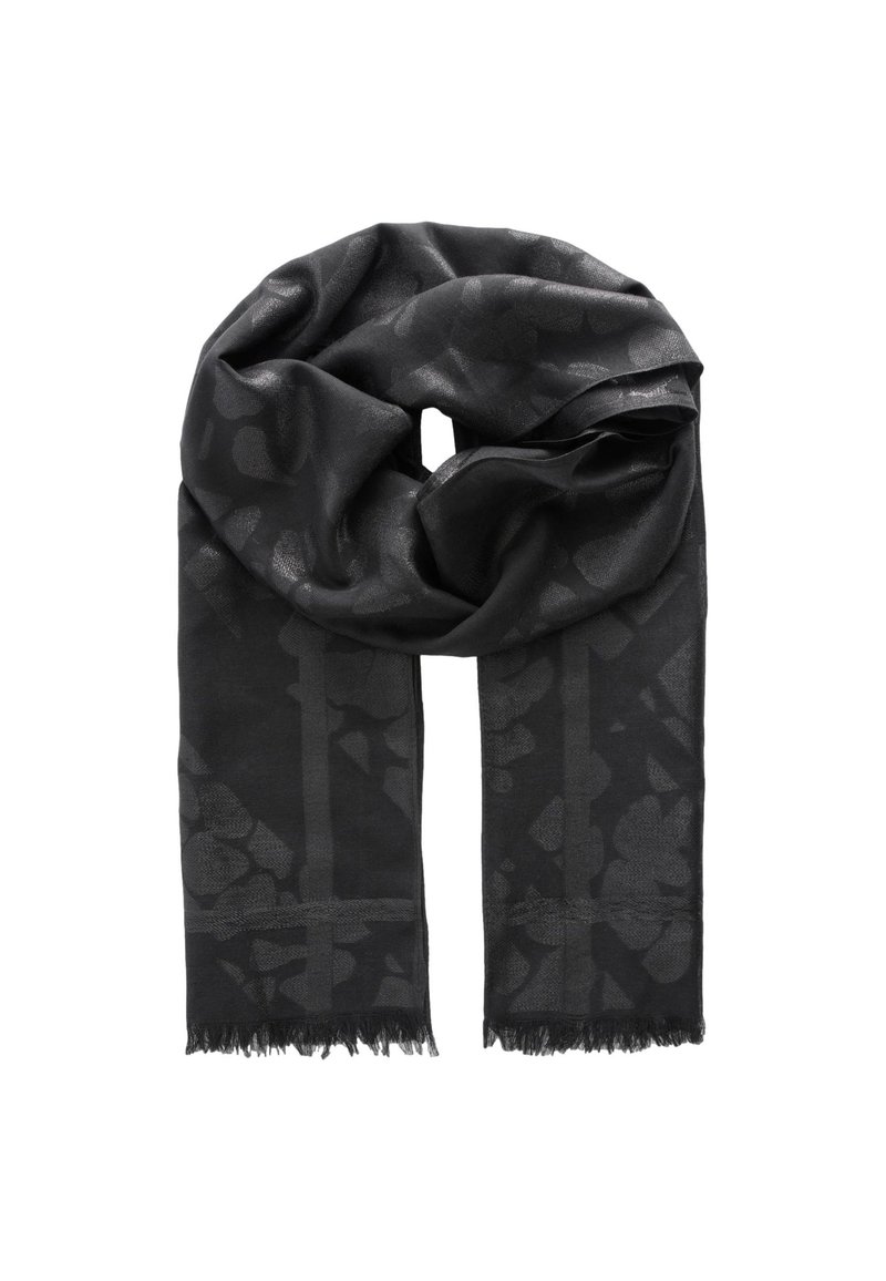 Black scarf with a subtle floral pattern; made from soft fabric featuring a delicate texture and fringed edges for added detail.