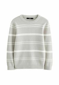 Maglione grigio chiaro realizzato in morbido materiale a maglia, caratterizzato da strisce orizzontali bianche, colletto, polsini e orlo a costine, con una vestibilità rilassata.