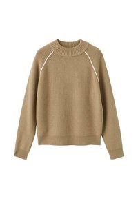 Jersey de punto acanalado beige con mangas largas, cuello redondo y sutil ribete blanco a lo largo de las costuras de los hombros.