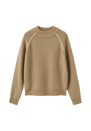 Pulover bej din tricot cu nervuri, mâneci lungi, decolteu rotund și detaliu subtil alb pe cusăturile umerilor.