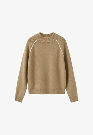 Beige ribbed knit sweater with long sleeves, crew neckline, and subtle white piping along shoulder seams.