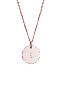 Rosaguld halskæde med en snoet kæde og et rundt vedhæng, som har indgraveringen "925" og et diamanthus-symbol. Glat, metallisk finish.