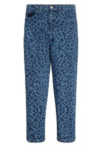 Džínové kalhoty s modrým leopardím potiskem, středním pasem, pěti kapsami a rovnými nohavicemi. Obsahují kovový knoflík a zip.