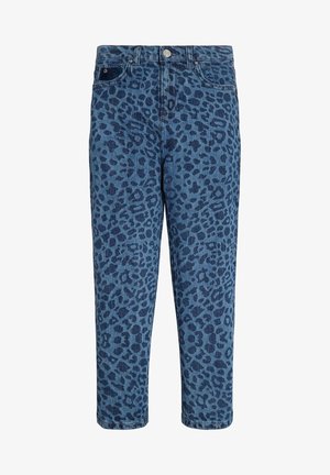 Džínové kalhoty s modrým leopardím potiskem, středním pasem, pěti kapsami a rovnými nohavicemi. Obsahují kovový knoflík a zip.