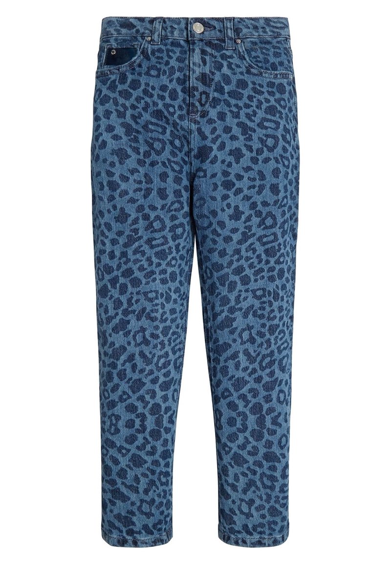 Džínové kalhoty s modrým leopardím potiskem, středním pasem, pěti kapsami a rovnými nohavicemi. Obsahují kovový knoflík a zip.