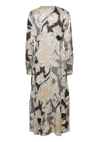 Långärmad klänning med ett blommönster i beige, grått och svart, med en vågig nederdel och en mjuk, glänsande tygkvalitet.