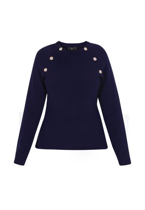 Pull bleu marine à manches longues, col rond et boutons décoratifs sur les épaules, fabriqué à partir d'un tissu doux et texturé.