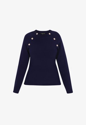 Suéter azul marino con mangas largas, cuello redondo y botones decorativos en los hombros, hecho de una tela suave y texturizada.