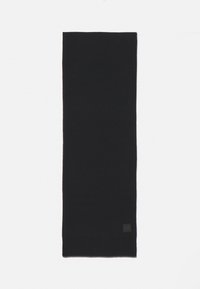 Sciarpa nera in lana con una texture liscia, forma rettangolare e bordi a coste. Presenta una piccola etichetta con logo a un'estremità.