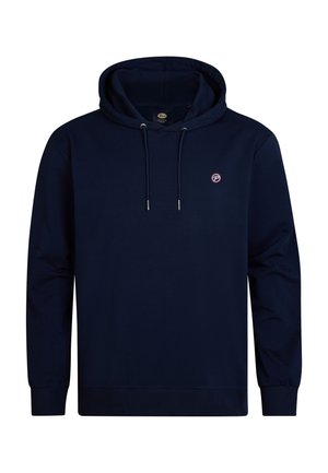 Hanorac bleumarin dintr-un amestec de bumbac, cu glugă cu șnur, mâneci lungi și un mic logo pe piept. Textură moale.
