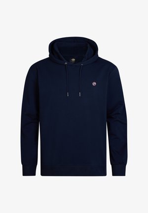 Marineblauwe hoodie van een katoenmix, met een capuchon met trekkoord, lange mouwen en een klein logo op de borst. Zachte textuur.