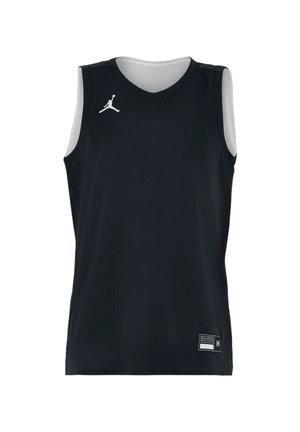 Maillot de basket-ball noir sans manches avec doublure intérieure blanche, logo Jumpman blanc sur la poitrine gauche et étiquette de taille en bas à droite.