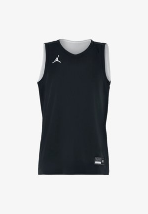 Canotta da basket nera senza maniche con fodera interna bianca, logo Jumpman bianco sul petto sinistro ed etichetta della taglia in basso a destra.