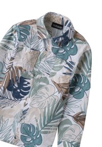 Camicia a maniche corte con bottoni in cotone bianco, caratterizzata da un motivo di foglie tropicali nei colori blu, verde e beige, con due tasche sul petto.
