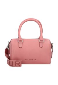 Borsa a tracolla in pelle rosa con superficie testurizzata, doppio manico e tracolla staccabile. Presenta il nome del brand impresso sul davanti.