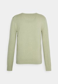 Jasnozielony sweter, dekolt w serek, długie rękawy, wykonany z miękkiej dzianiny, z prążkowanymi mankietami i dołem, bezszwowy tył.