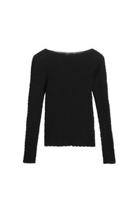 Black long-sleeve sweater with textured knit pattern, wide neckline, and a straight cut. Features ribbed cuffs and hem.