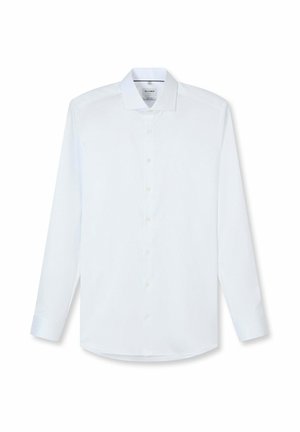 Weißes Hemd mit langen Ärmeln, klassischem Kragen und durchgehender Knopfleiste, flach auf weißem Hintergrund liegend.