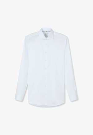 Weißes Hemd mit langen Ärmeln, klassischem Kragen und durchgehender Knopfleiste, flach auf weißem Hintergrund liegend.