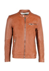 Brun læderjakke med en slim fit design, høj krave og to sidelommer med lynlås. Har en lynlåslukket brystlomme og en glat tekstur.