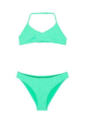 Mintgrünes Bikini-Set mit Struktur, bestehend aus einem Triangel-Top und mittelhohen Höschen, verziert mit dezenten, erhabenen Mustern von Sternen und Herzen.