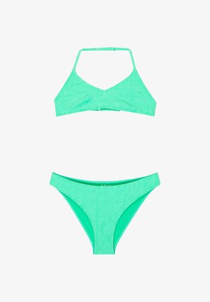 Mintgroene bikini met textuur, bestaande uit een triangel top en mid-rise broekje, met subtiele aangebrachte patronen van sterren en harten.