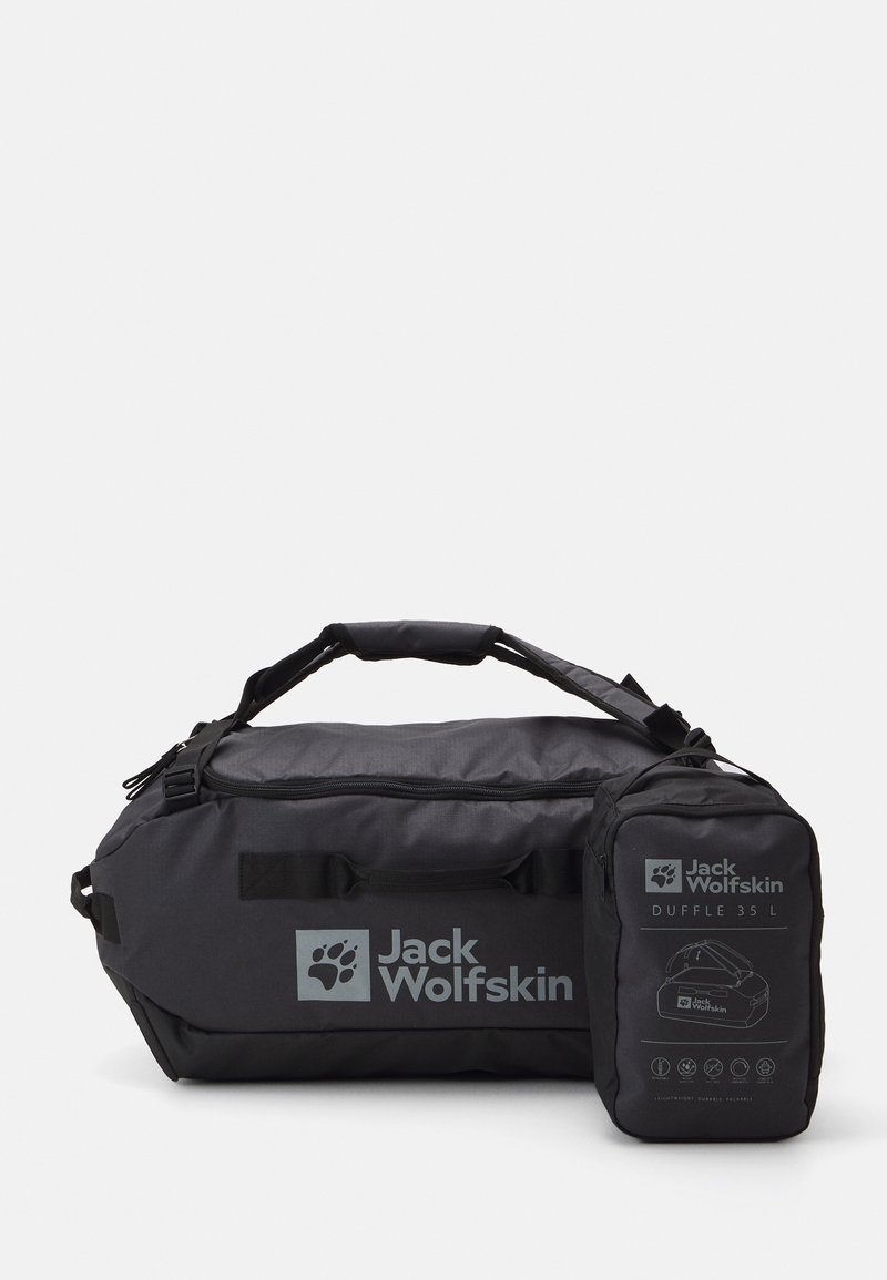 Black duffle bag with a top zipper and padded handles, featuring a logo and size label. Includes a compact storage pouch for convenience.