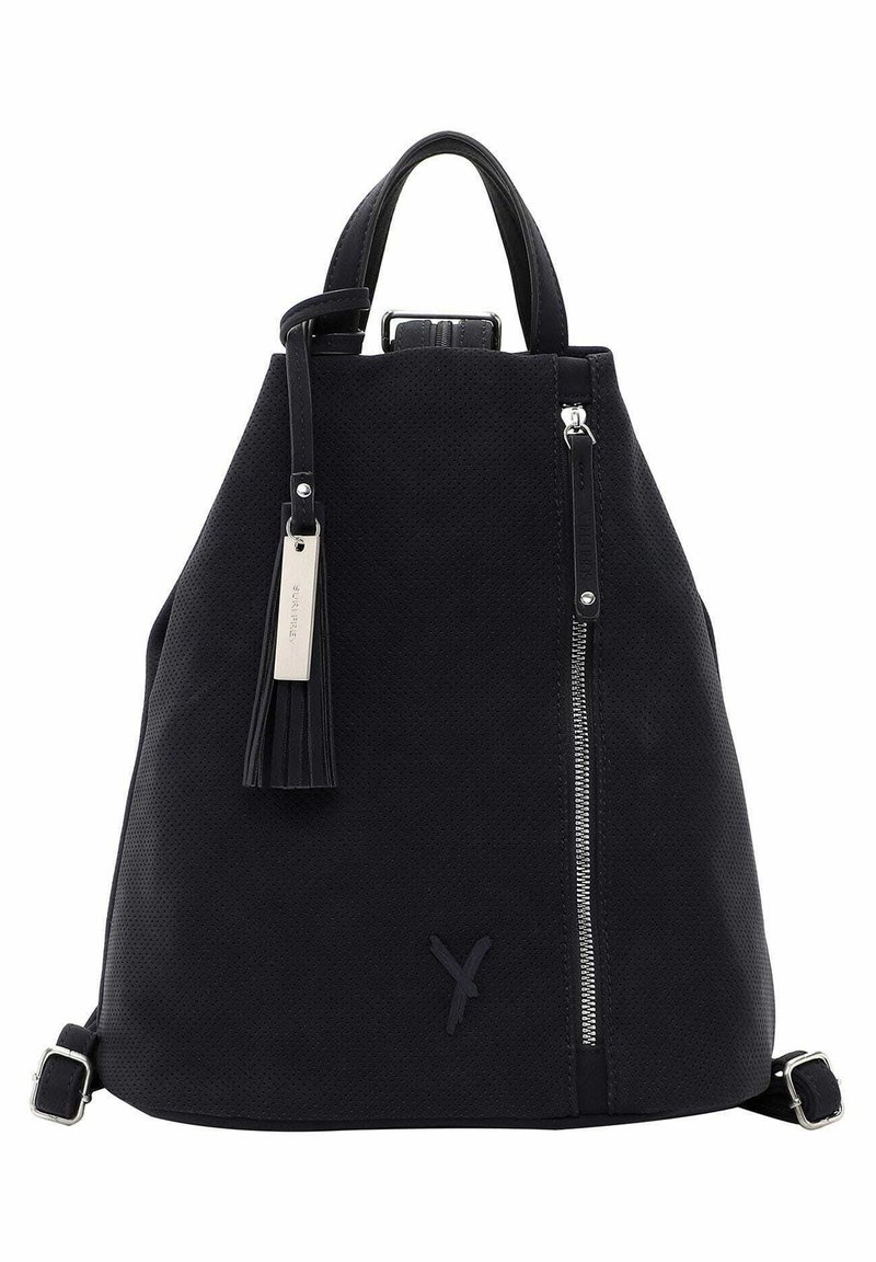 Black perforated leather backpack with silver hardware, textured finish, top handle, adjustable straps, and side zip pocket.