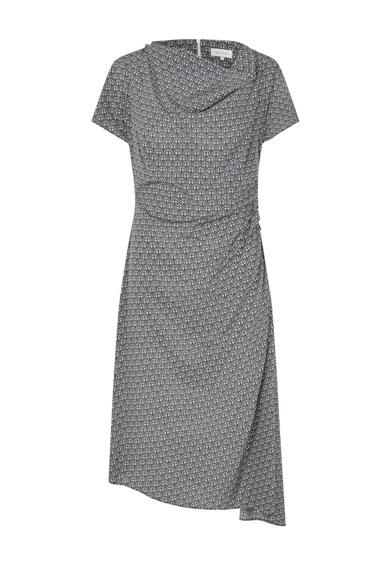Robe à manches courtes, bleue à motifs, avec un décolleté drapé, un design portefeuille et un ourlet au niveau des genoux. Fabriquée en tissu doux et léger.