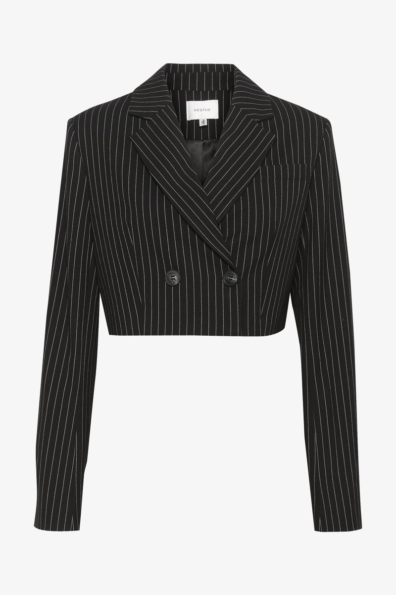 Kort zwart colbert met witte streepjes, dubbelzijdig ontwerp, gelapte revers, lange mouwen en een enkele borstzak.