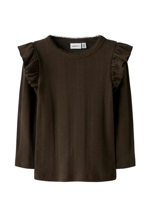 Maglia a maniche lunghe ribbed marrone scuro con scollatura in pizzo e dettagli arricciati sulle spalle, taglia toddler 92 cm.