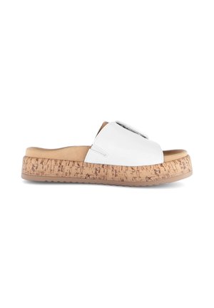 White open-toe slide sandal with wide leather strap, cushioned tan footbed, and textured cork platform sole on a white background.