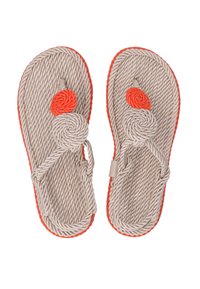 Rope sandals with beige textured soles, orange accents, and circular decorative knots; lightweight, casual design for summer wear.