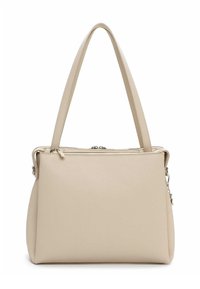 Beige shoppingtaske med en struktureret form, glat kunstlædertekstur og to skulderremme. Har en lynlåslukning øverst og minimale hardware-detaljer.