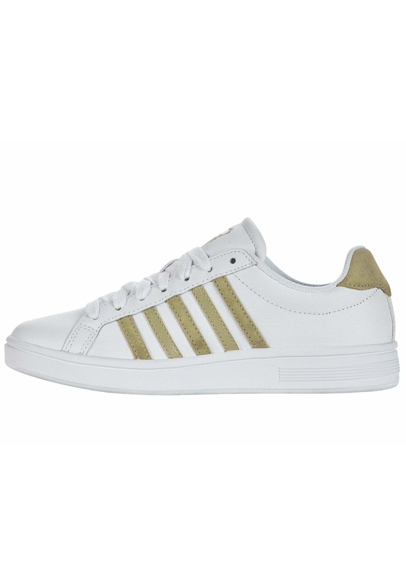 White sneaker made of synthetic material with golden accents. Features lacing, five stripes on the side, and a textured sole.