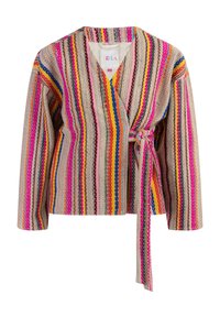 Giacca avvolgente multicolore con righe verticali in rosa, arancione, viola e beige. Realizzata in tessuto testurizzato con dettaglio in vita annodato.